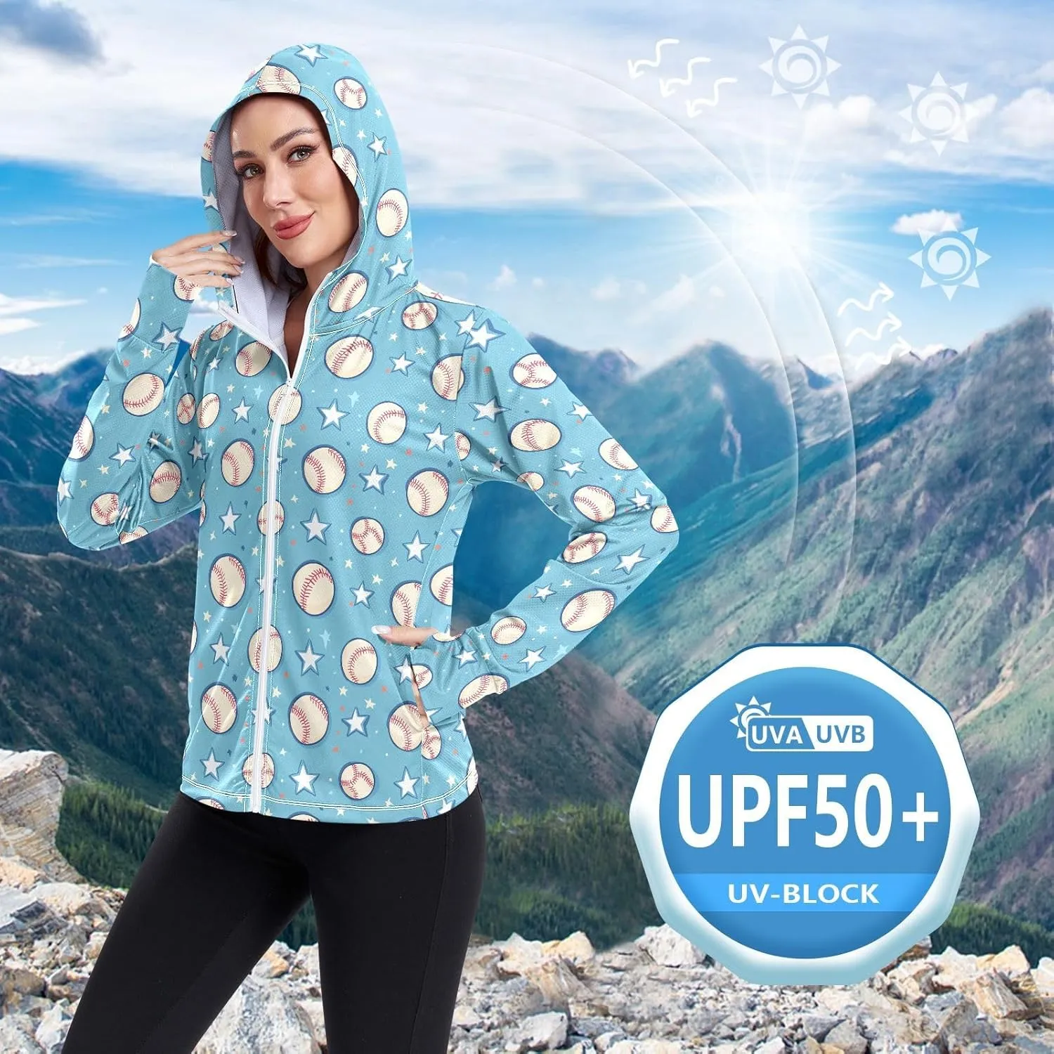 Women'S UPF 50  Uv Sun Protection Clothing Blue Baseball Stars Zipper Jacket Long-Sleeved Hoodie