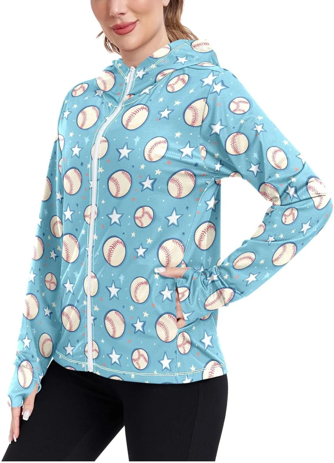 Women'S UPF 50  Uv Sun Protection Clothing Blue Baseball Stars Zipper Jacket Long-Sleeved Hoodie