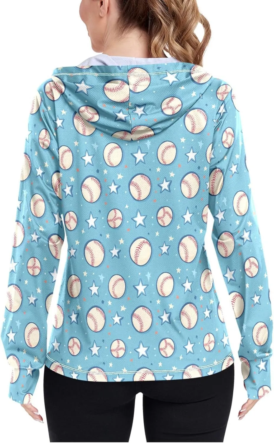 Women'S UPF 50  Uv Sun Protection Clothing Blue Baseball Stars Zipper Jacket Long-Sleeved Hoodie