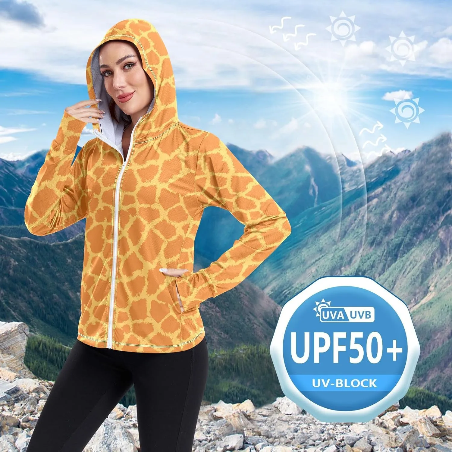 Women'S UPF 50  Uv Sun Protection Clothing Giraffe Print Zipper Jacket Long-Sleeved Hoodie