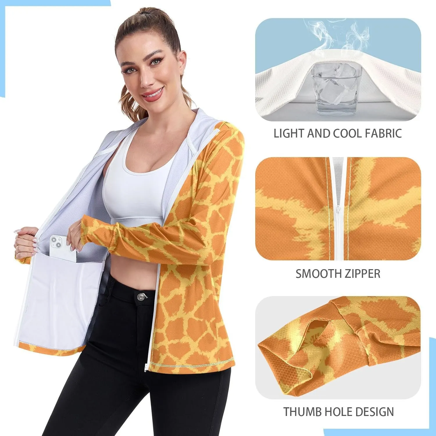 Women'S UPF 50  Uv Sun Protection Clothing Giraffe Print Zipper Jacket Long-Sleeved Hoodie