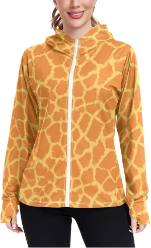 Women'S UPF 50  Uv Sun Protection Clothing Giraffe Print Zipper Jacket Long-Sleeved Hoodie