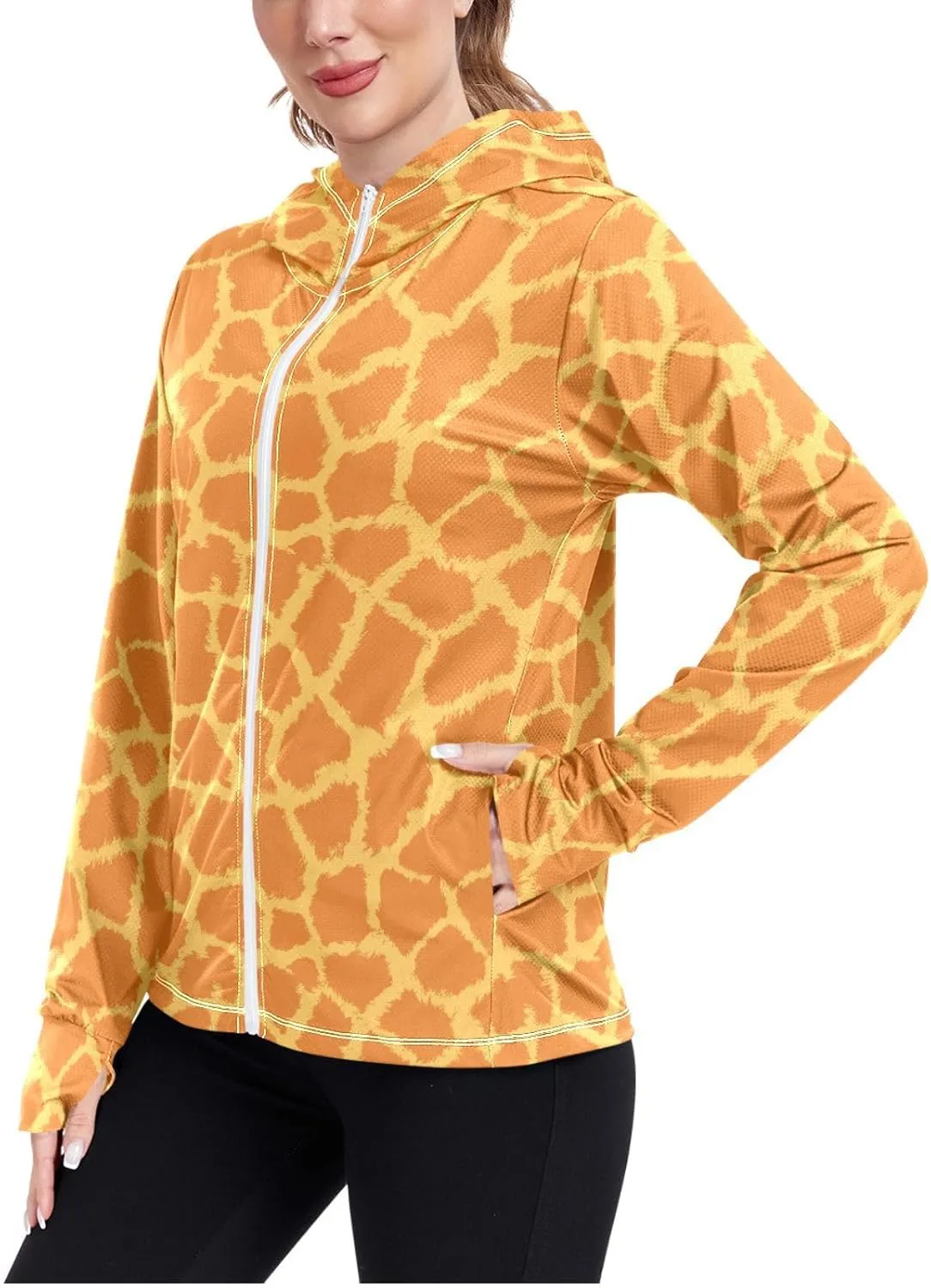 Women'S UPF 50  Uv Sun Protection Clothing Giraffe Print Zipper Jacket Long-Sleeved Hoodie