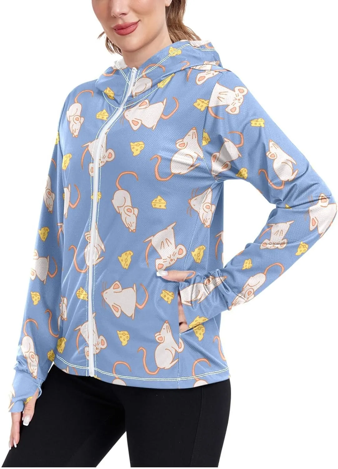 Women'S UPF 50  Uv Sun Protection Clothing Mouse Mice Cheese Zipper Jacket Long-Sleeved Hoodie