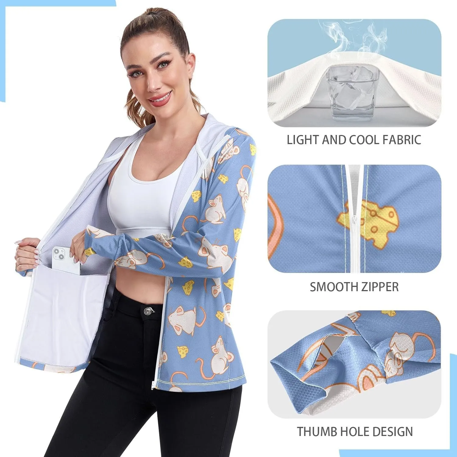 Women'S UPF 50  Uv Sun Protection Clothing Mouse Mice Cheese Zipper Jacket Long-Sleeved Hoodie