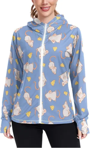 Women'S UPF 50  Uv Sun Protection Clothing Mouse Mice Cheese Zipper Jacket Long-Sleeved Hoodie