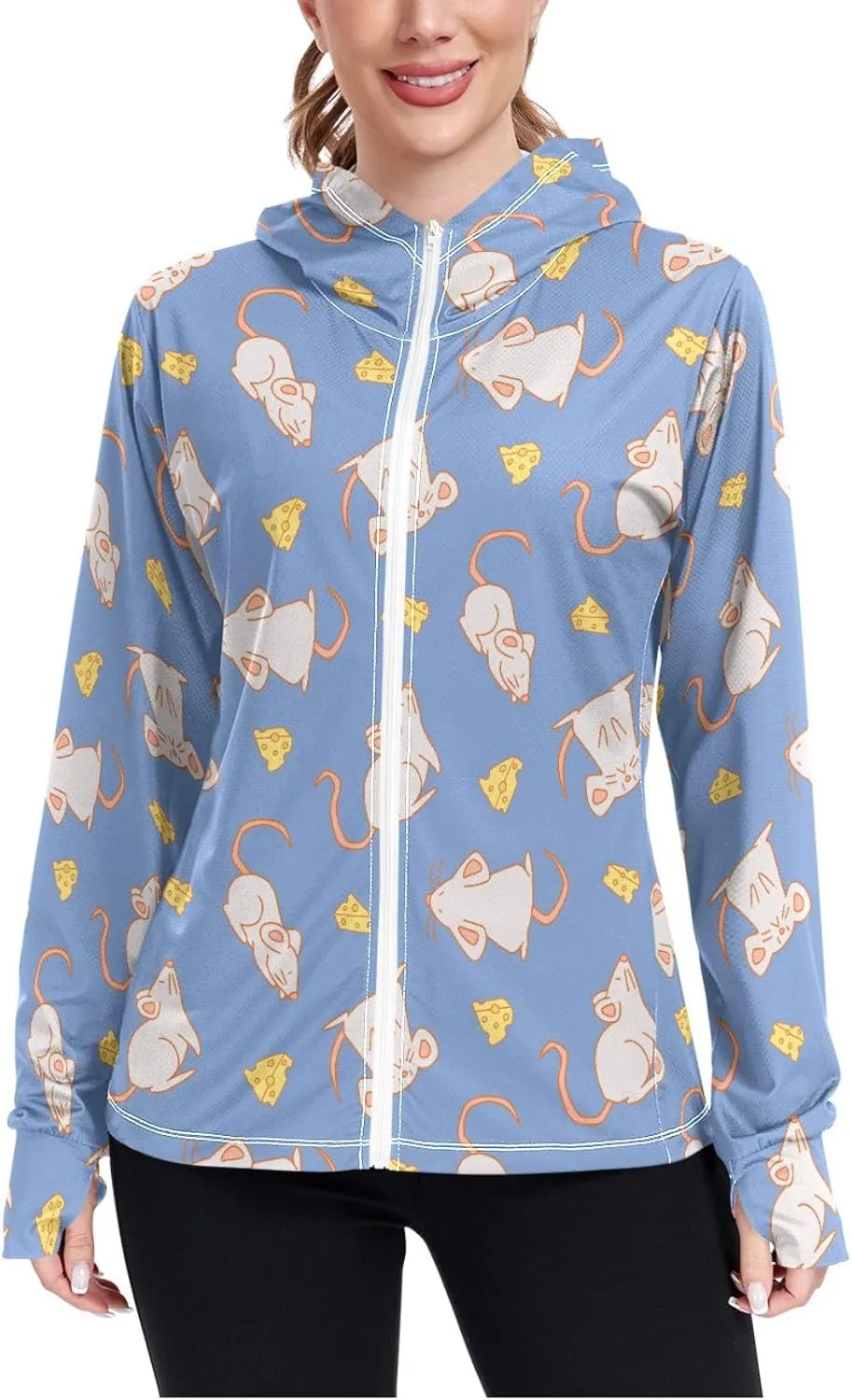 Women'S UPF 50  Uv Sun Protection Clothing Mouse Mice Cheese Zipper Jacket Long-Sleeved Hoodie