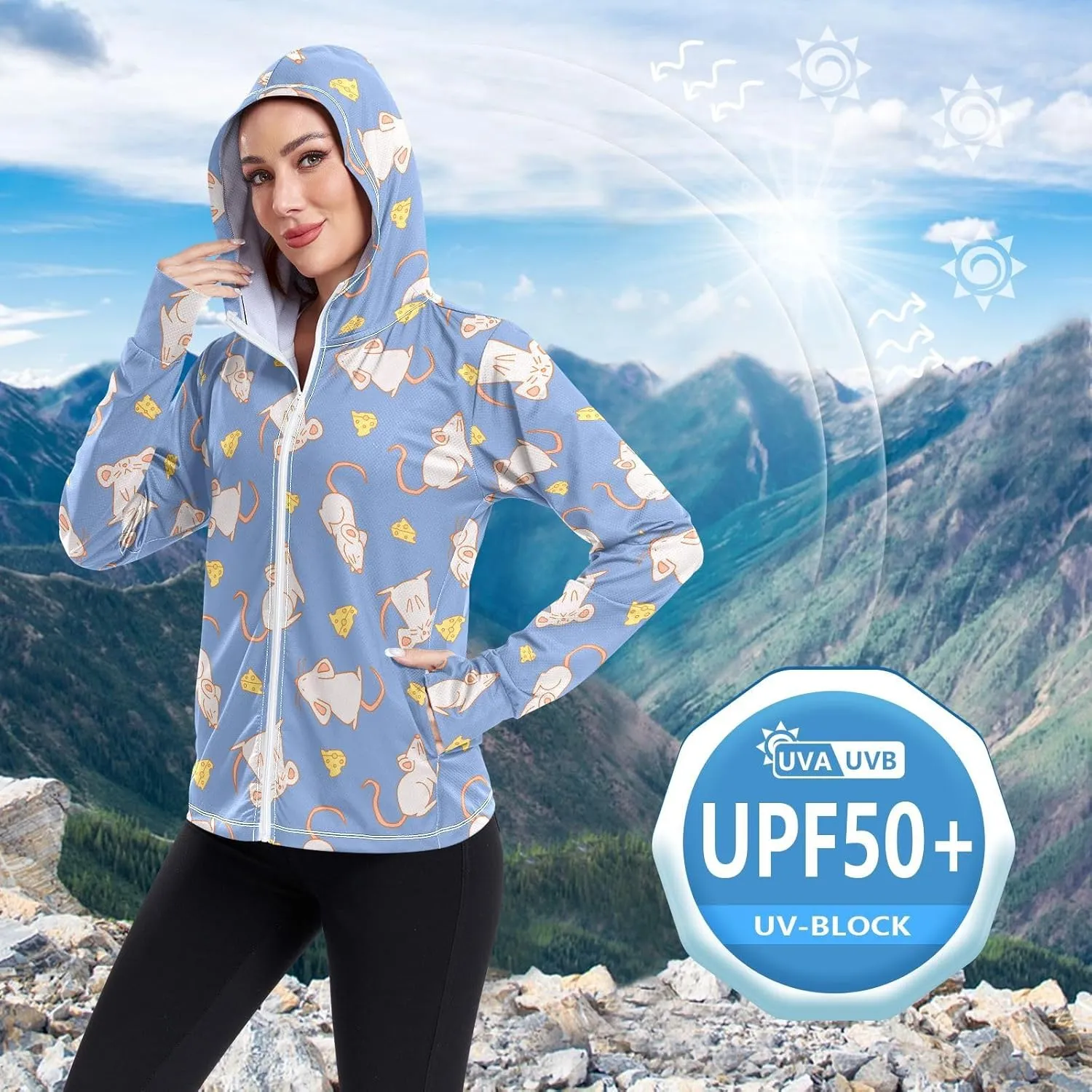 Women'S UPF 50  Uv Sun Protection Clothing Mouse Mice Cheese Zipper Jacket Long-Sleeved Hoodie
