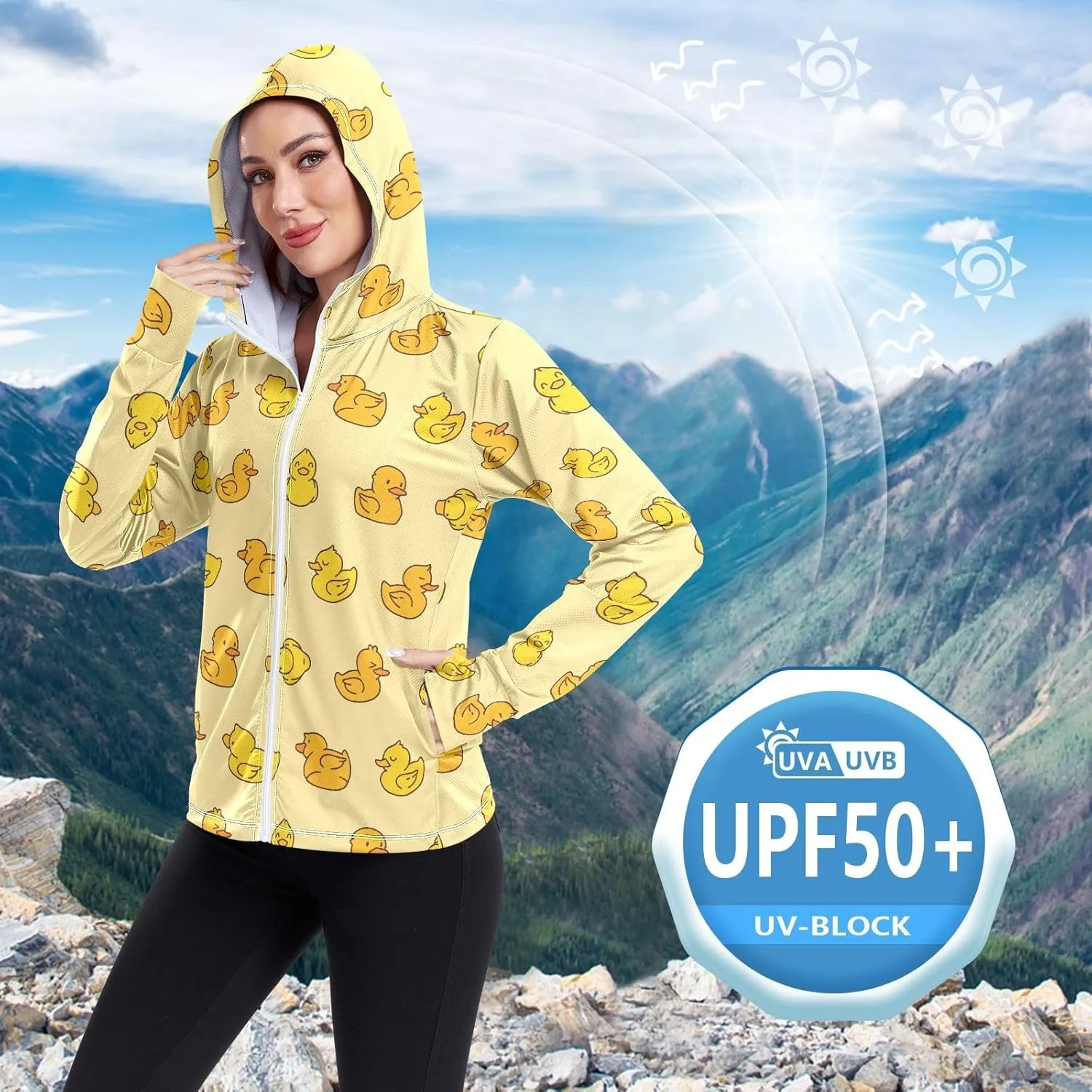 Women'S UPF 50  Uv Sun Protection Clothing Rubber Duck Zipper Jacket Long-Sleeved Hoodie