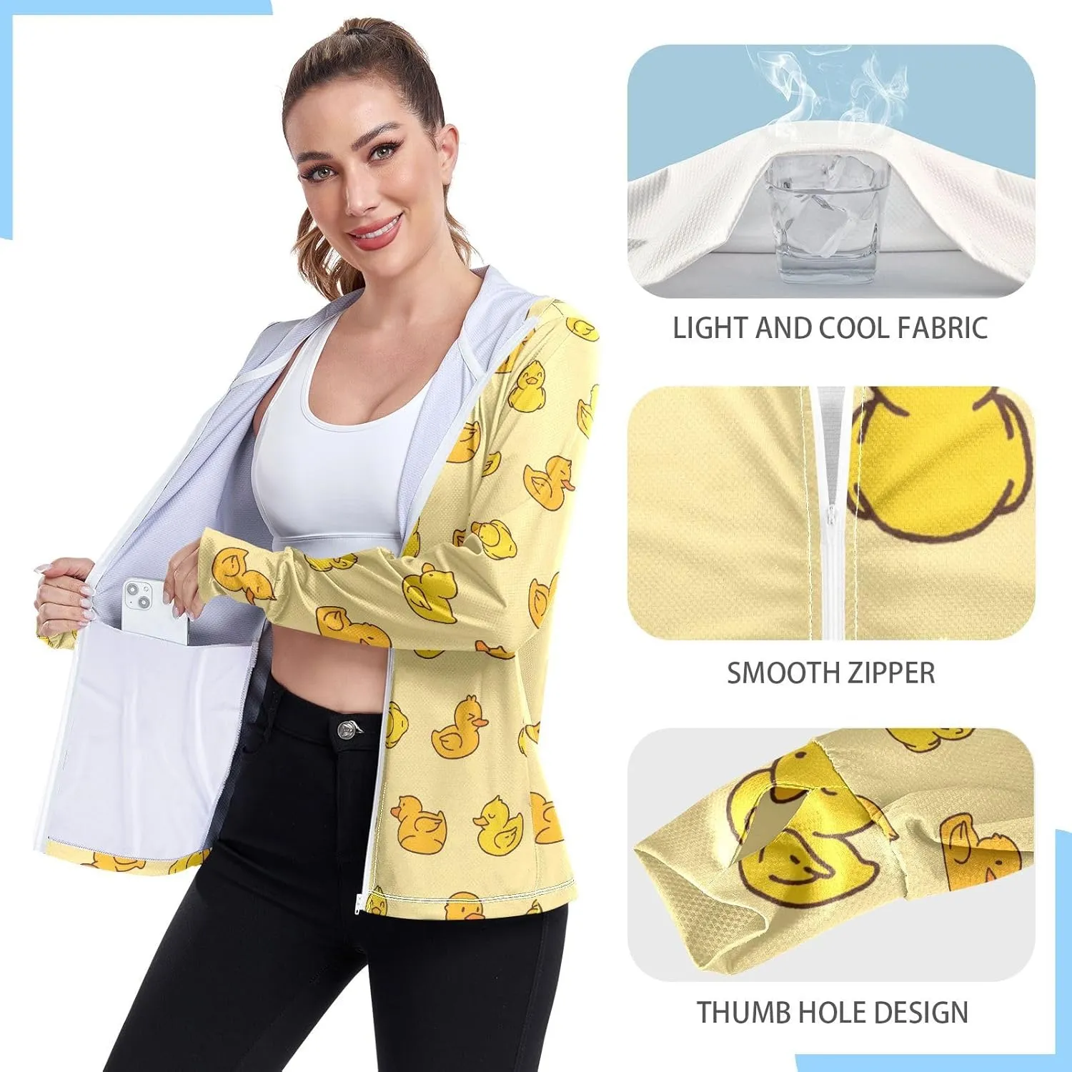 Women'S UPF 50  Uv Sun Protection Clothing Rubber Duck Zipper Jacket Long-Sleeved Hoodie