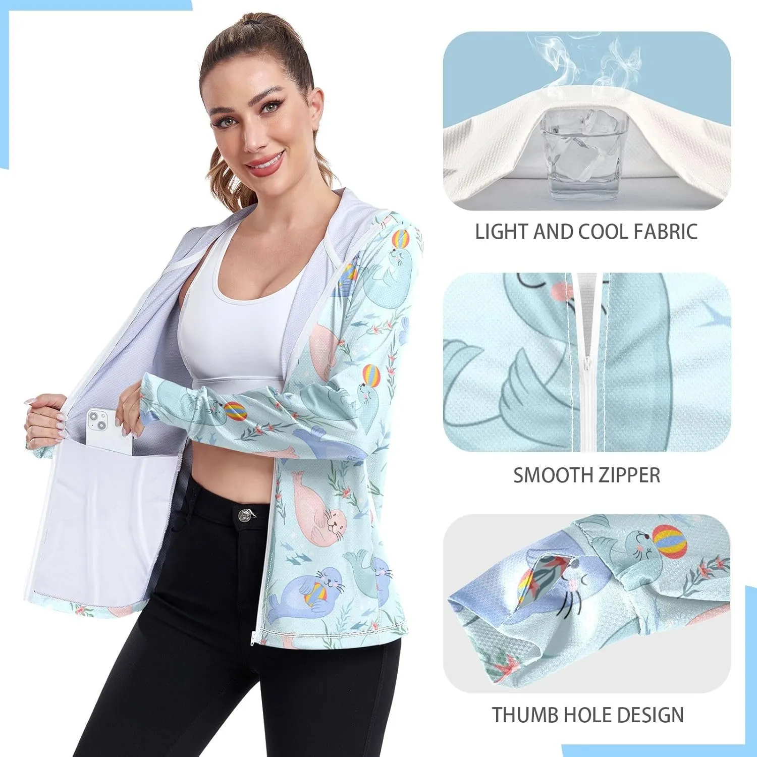 Women'S UPF 50  Uv Sun Protection Clothing Sea Lion Zipper Jacket Long-Sleeved Hoodie