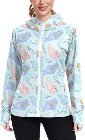 Women'S UPF 50  Uv Sun Protection Clothing Sea Lion Zipper Jacket Long-Sleeved Hoodie