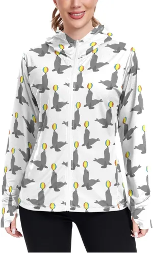 Women'S UPF 50  Uv Sun Protection Clothing Sea Lion Zipper Jacket Long-Sleeved Hoodie