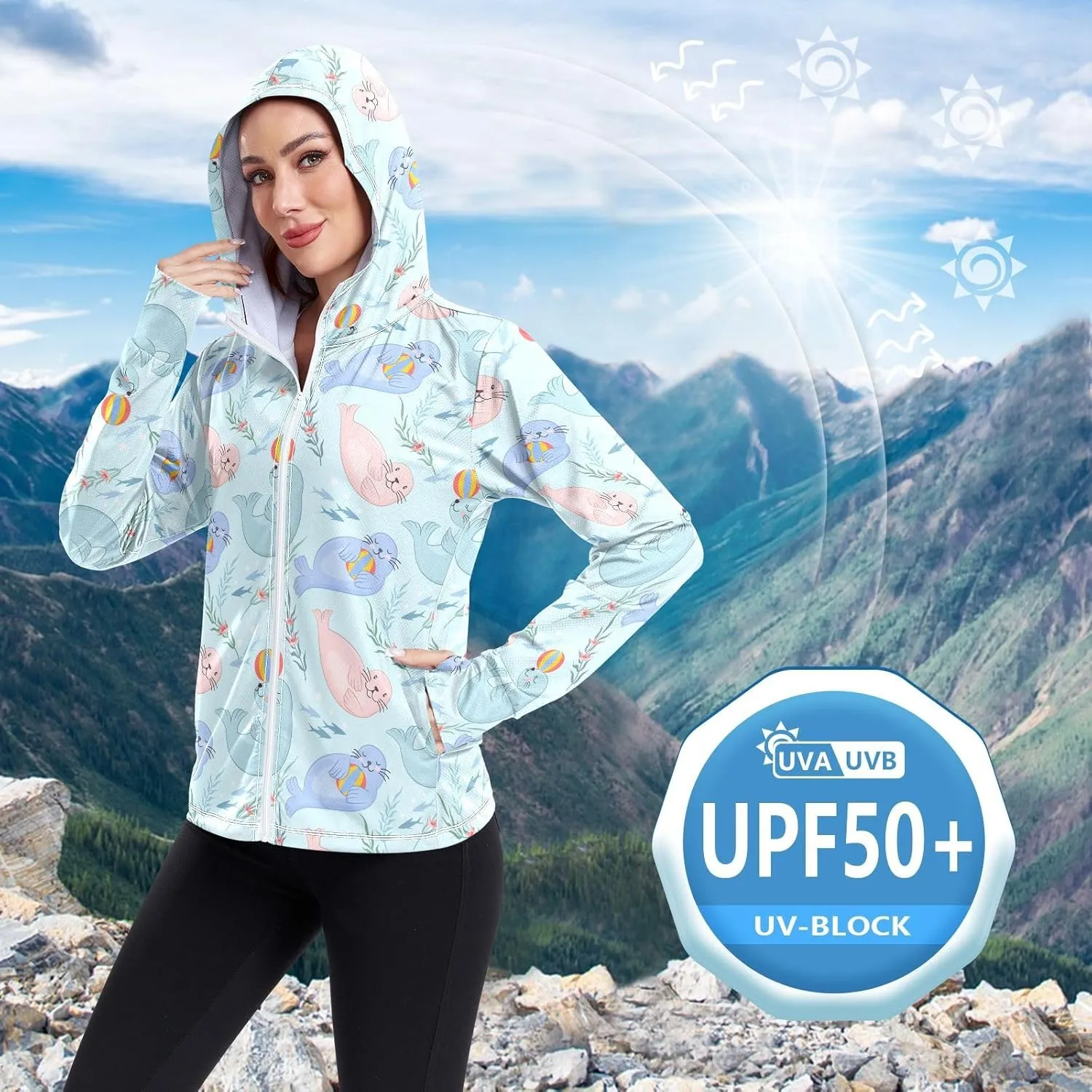 Women'S UPF 50  Uv Sun Protection Clothing Sea Lion Zipper Jacket Long-Sleeved Hoodie