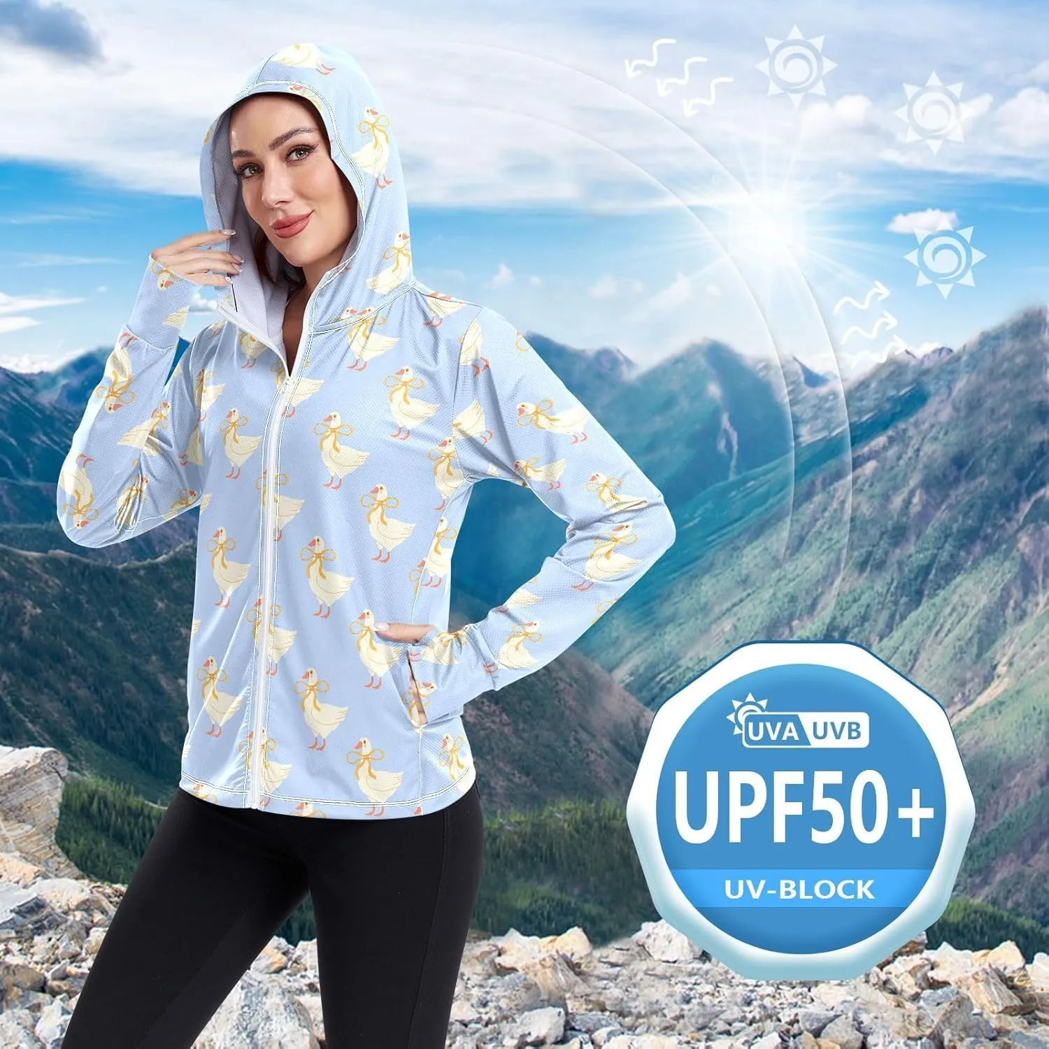 Women'S UPF 50  Uv Sun Protection Clothing White Duck Zipper Jacket Long-Sleeved Hoodie