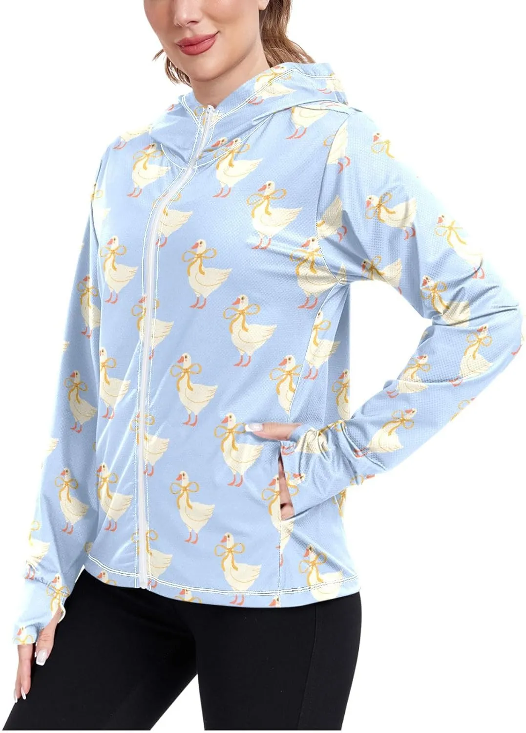 Women'S UPF 50  Uv Sun Protection Clothing White Duck Zipper Jacket Long-Sleeved Hoodie