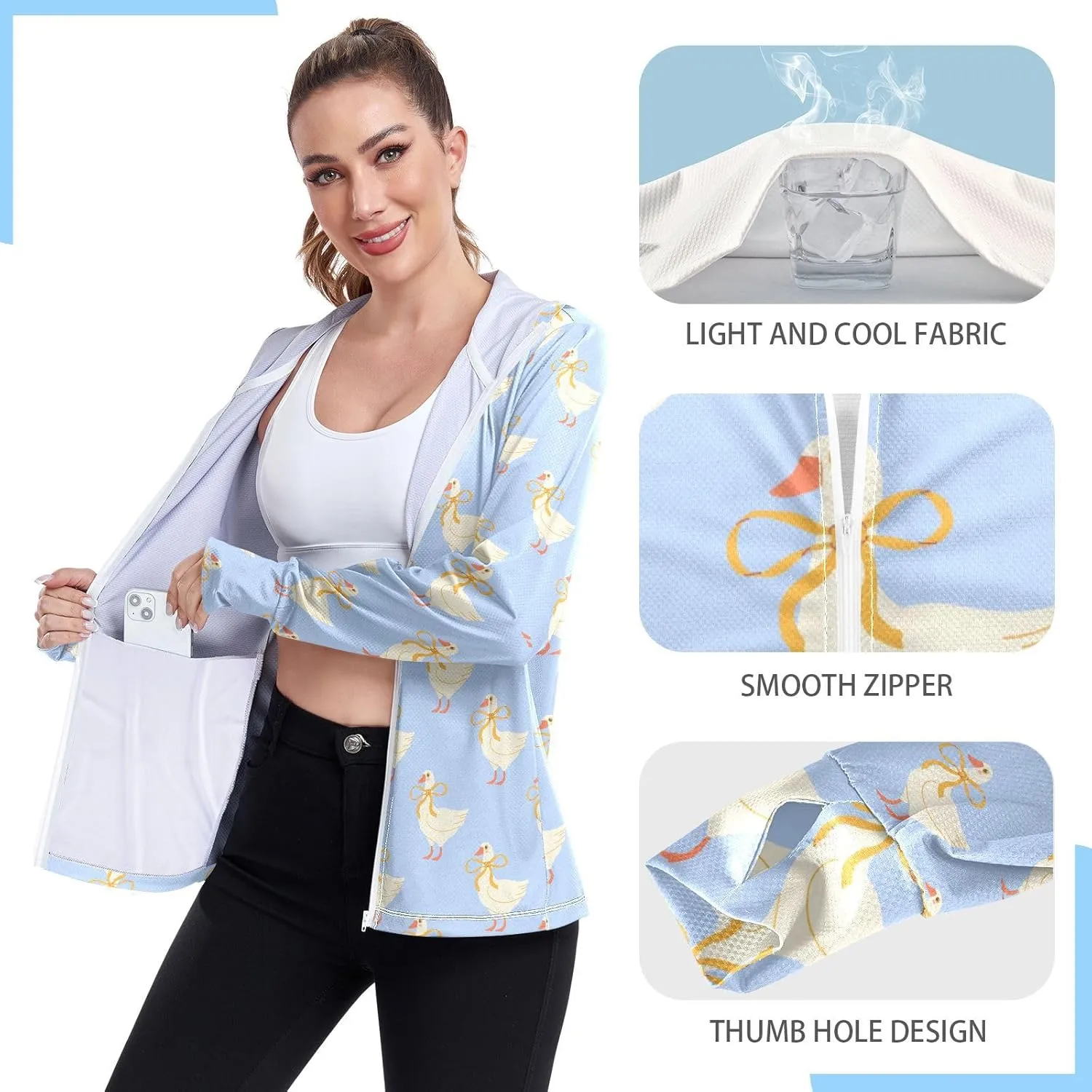 Women'S UPF 50  Uv Sun Protection Clothing White Duck Zipper Jacket Long-Sleeved Hoodie