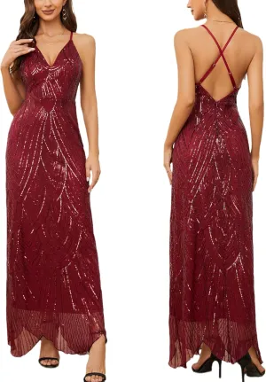 Women's V Neck Spaghetti Straps Sequin Sparkly Glitter Irregular Hem Prom Dress Bcakless Maxi Evening Gowns