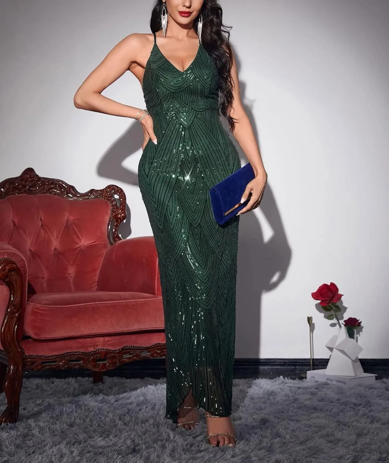 Women's V Neck Spaghetti Straps Sequin Sparkly Glitter Irregular Hem Prom Dress Bcakless Maxi Evening Gowns