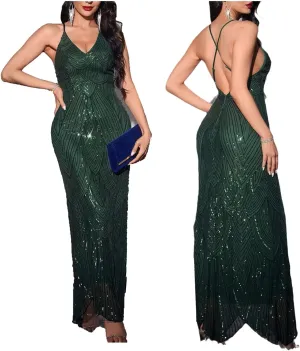 Women's V Neck Spaghetti Straps Sequin Sparkly Glitter Irregular Hem Prom Dress Bcakless Maxi Evening Gowns