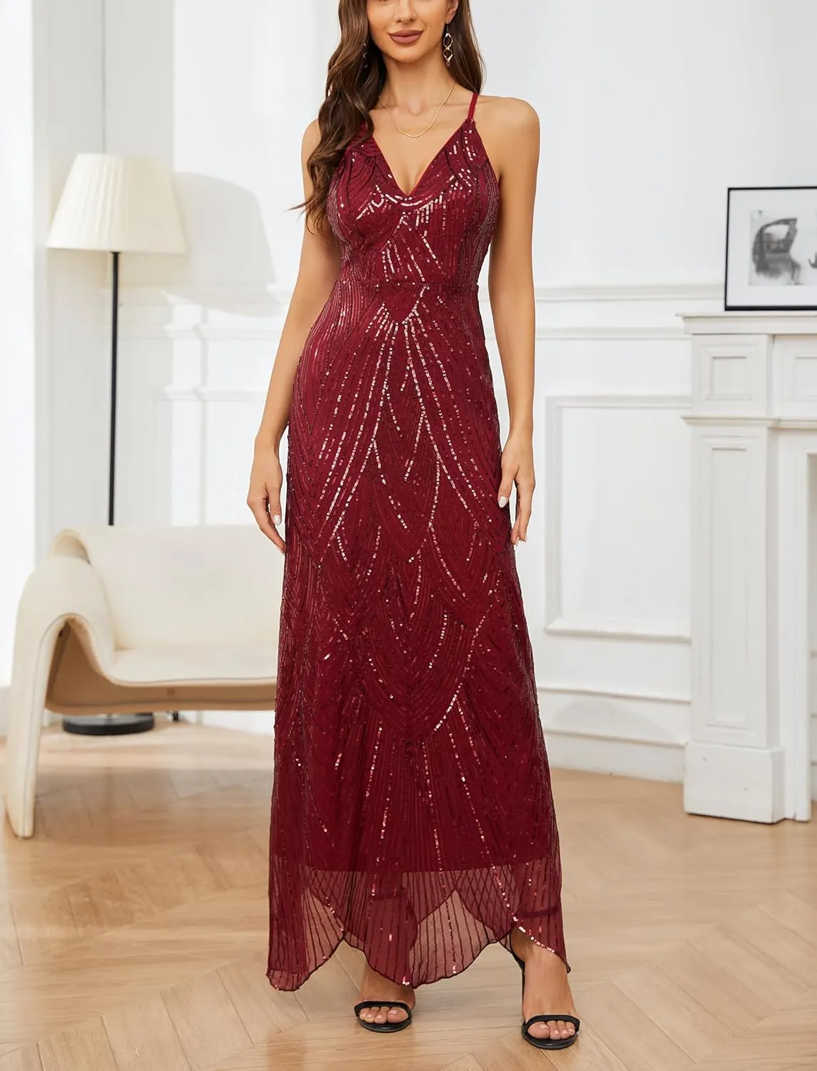 Women's V Neck Spaghetti Straps Sequin Sparkly Glitter Irregular Hem Prom Dress Bcakless Maxi Evening Gowns