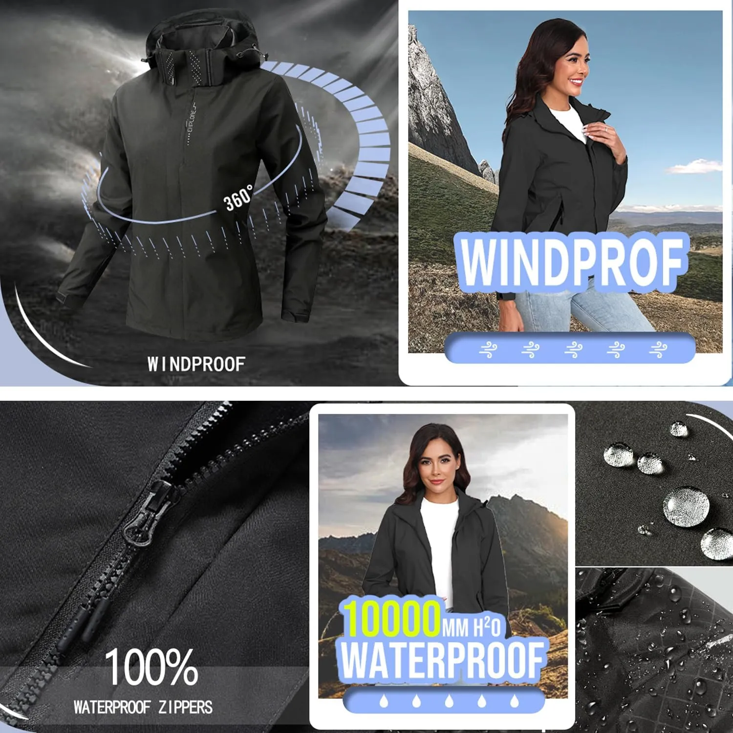 Women's Waterproof Rain Jacket Lightweight Hooded Raincoat for Hiking Travel Outdoor Softshell Windbreaker Jacket