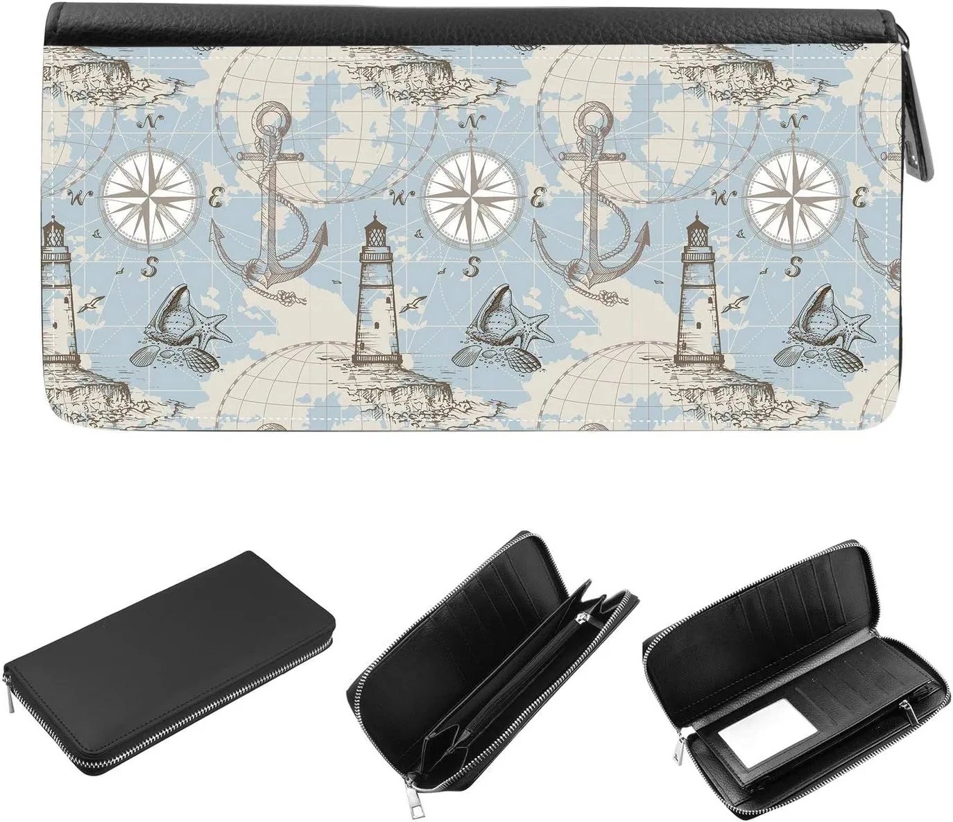 Women's Zip Around Wallet and Phone Clutch - RFID Blocking with Card Holder Organizer - Hand drawn sea map with compass, lighthouse, anchor and seashells