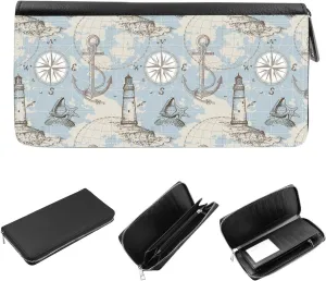 Women's Zip Around Wallet and Phone Clutch - RFID Blocking with Card Holder Organizer - Hand drawn sea map with compass, lighthouse, anchor and seashells