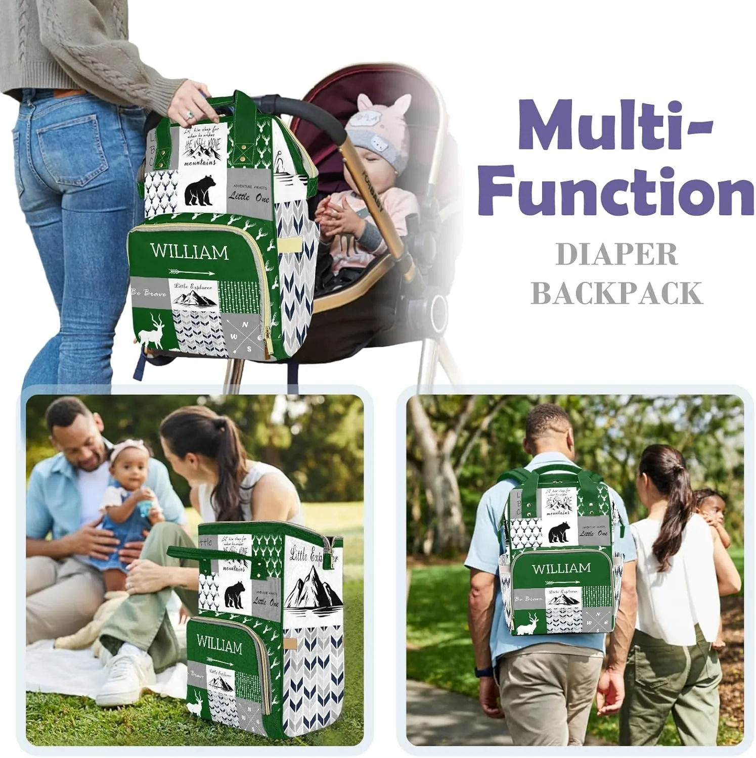 Woodland Deer Personalized Diaper Bag Backpack for Baby Boys Girls with Name Custom Nappy Nursing Bag for Moms Dads, Customized Gift, Large Capacity, Waterproof, Multifunctional
