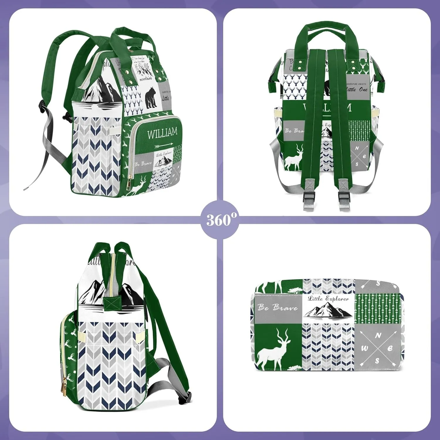 Woodland Deer Personalized Diaper Bag Backpack for Baby Boys Girls with Name Custom Nappy Nursing Bag for Moms Dads, Customized Gift, Large Capacity, Waterproof, Multifunctional