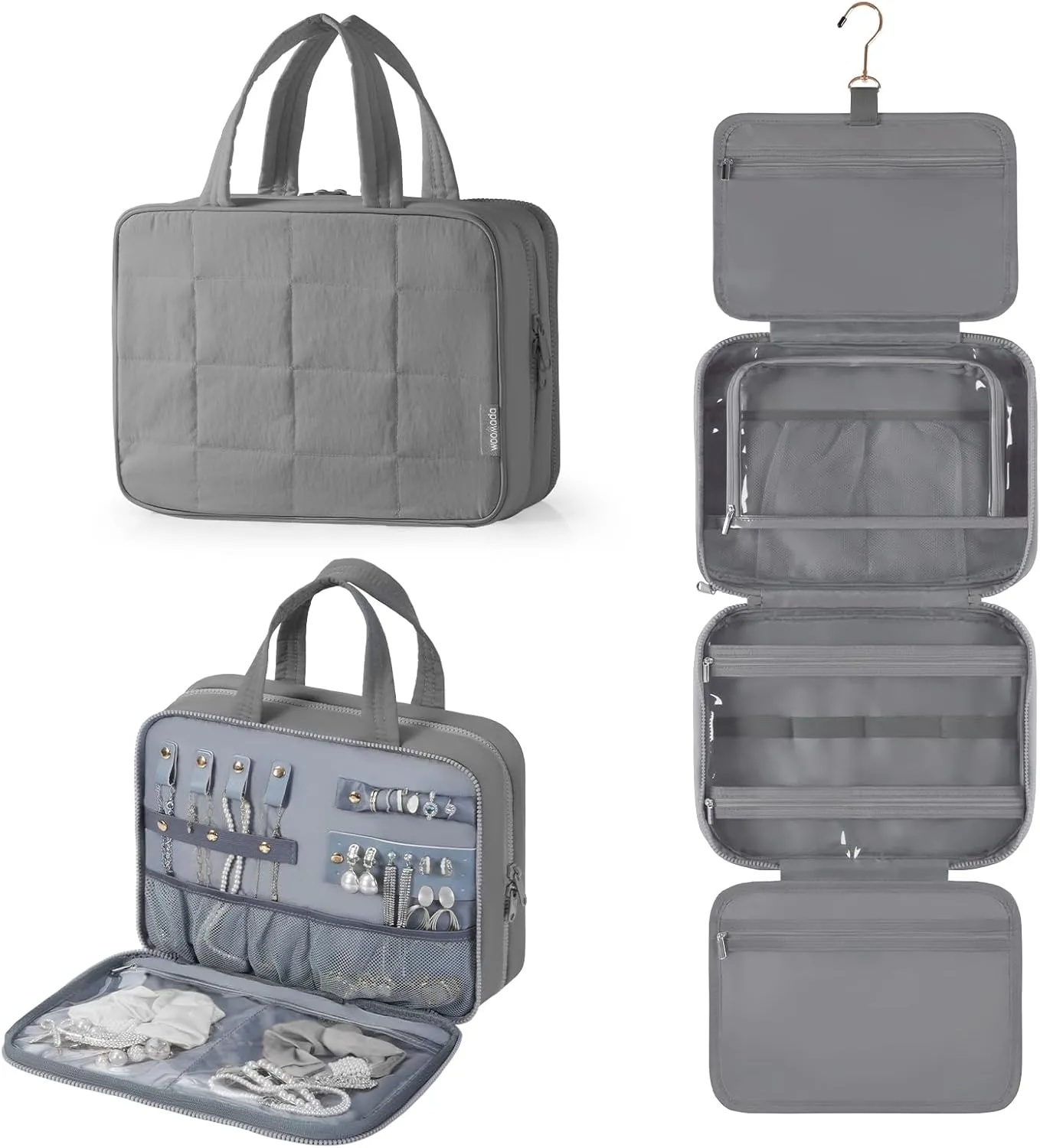 WOOMADA Travel Toiletry Bag with Jewelry Organizer, Puffy Hanging Toiletry Bag for Women, Large Makeup Cosmetic Bag for Travel Essentials, Grey
