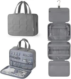 WOOMADA Travel Toiletry Bag with Jewelry Organizer, Puffy Hanging Toiletry Bag for Women, Large Makeup Cosmetic Bag for Travel Essentials, Grey