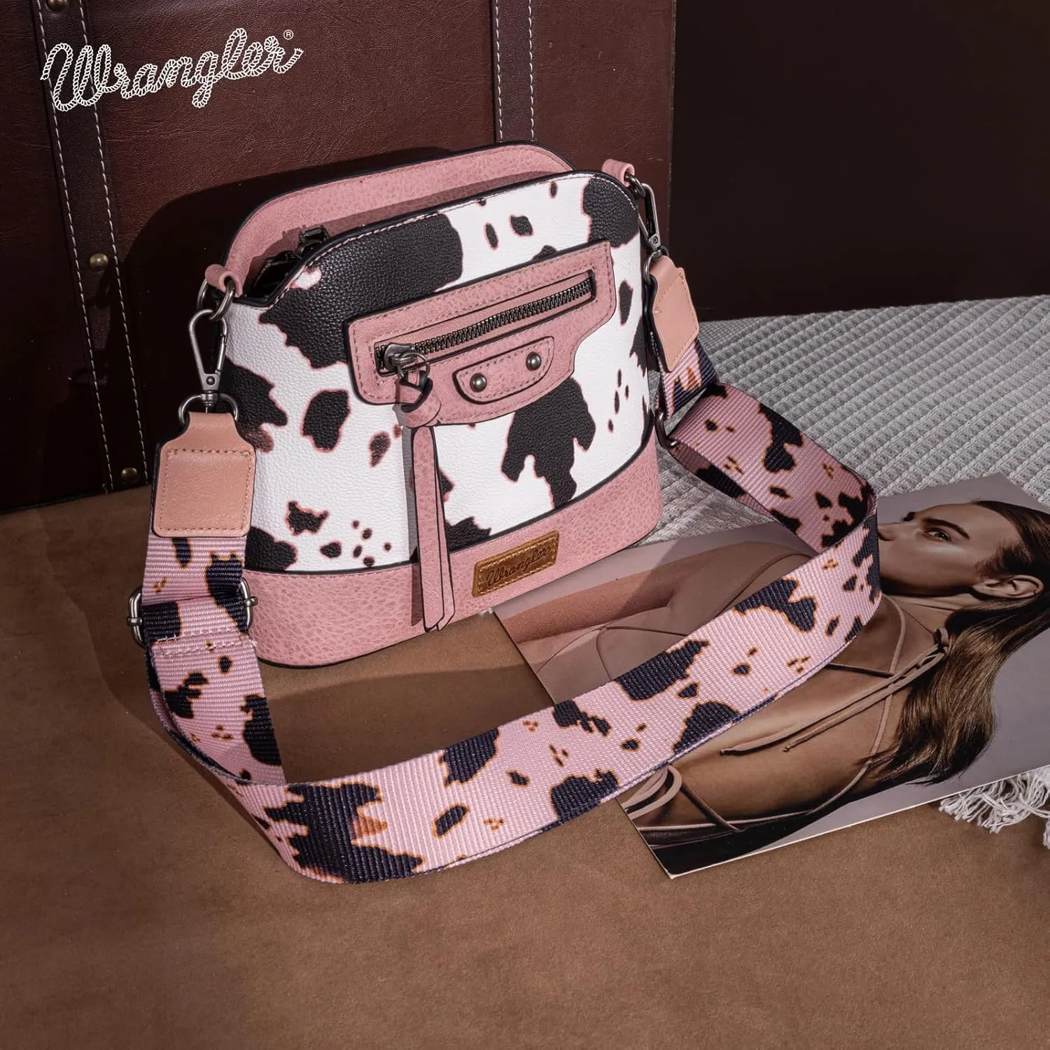 Wrangler Cow Print Crossbody Bag for Women Western Cross Body Purse with Signature Strap