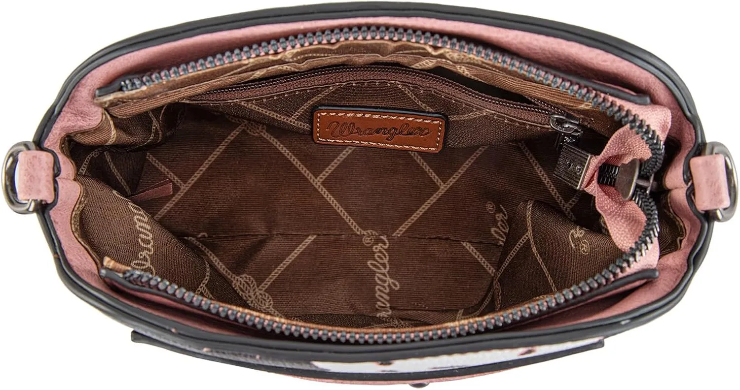 Wrangler Cow Print Crossbody Bag for Women Western Cross Body Purse with Signature Strap