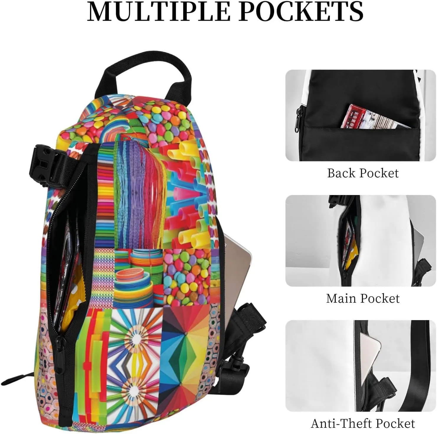 Wurton Colorful Collage Print Travel Crossbody Backpack Bag,Lightweight Sling Bag For Travel Unisex