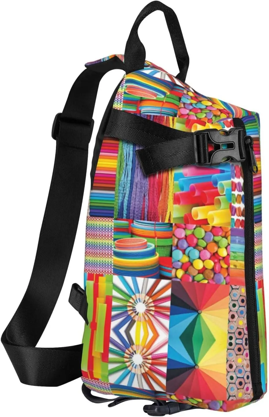 Wurton Colorful Collage Print Travel Crossbody Backpack Bag,Lightweight Sling Bag For Travel Unisex