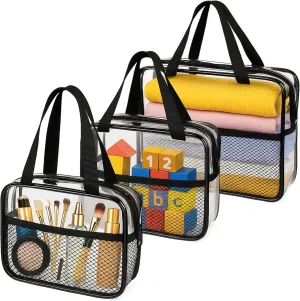 XEWEA Large Small Clear Travel Toiletry Bags with Handles & Pocket for Men Women, 3PCS TSA Approved Transparent Makeup Bag,Waterproof PVC Quart Organizer with Zipper for Toiletries Airline Essentials