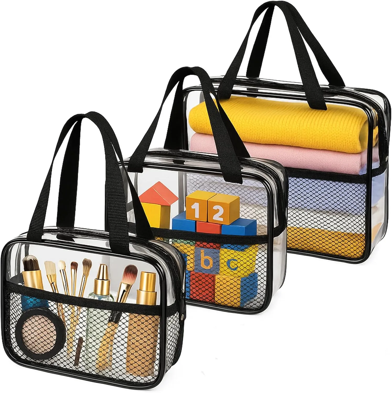 XEWEA Large Small Clear Travel Toiletry Bags with Handles & Pocket for Men Women, 3PCS TSA Approved Transparent Makeup Bag,Waterproof PVC Quart Organizer with Zipper for Toiletries Airline Essentials