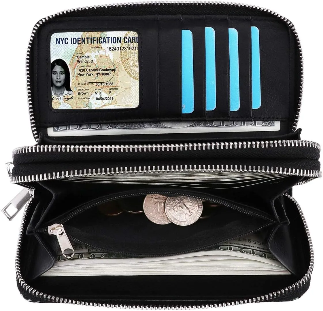 XEYOU Double Zipper Long Clutch Wallet Cellphone Wallet for Women with Removable Wristlet Strap for Credit Card, Cash, Coin, Bill