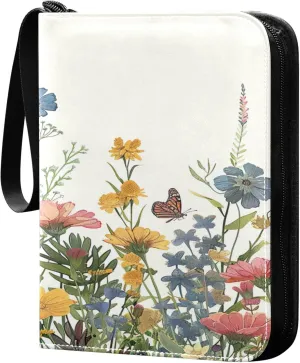 xigua Colorful Herbal Wildflower Card Binder 4-Pockets, Trading Card Binder 400 Pockets Baseball Card Binder Waterproof PU Leather Card Collection Binder for Games Card Album Card
