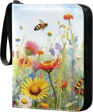 xigua Colorful Herbal Wildflower Card Binder 4-Pockets, Trading Card Binder 400 Pockets Baseball Card Binder Waterproof PU Leather Card Collection Binder for Games Card Album Card