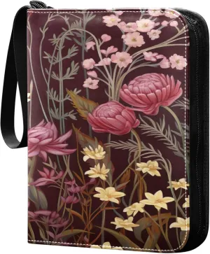xigua Colorful Herbal Wildflower Card Binder 4-Pockets, Trading Card Binder 400 Pockets Baseball Card Binder Waterproof PU Leather Card Collection Binder for Games Card Album Card