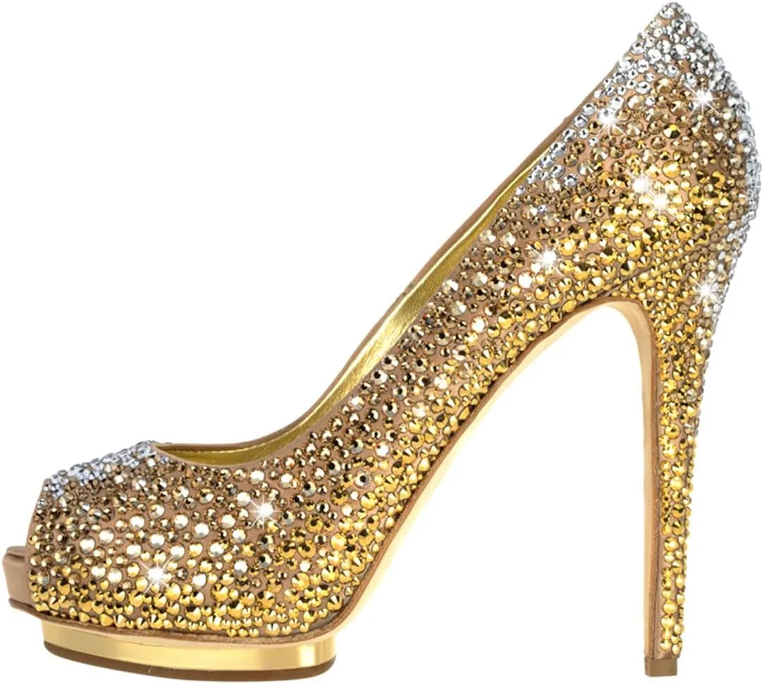 XYD Women Plated Platform High Heels Pumps Peep Toe Fancy Crystals Rhinestones Stilettos Gorgeous Evening Shoes