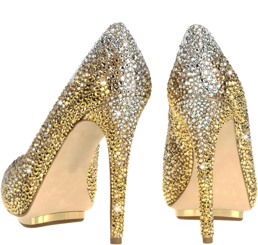 XYD Women Plated Platform High Heels Pumps Peep Toe Fancy Crystals Rhinestones Stilettos Gorgeous Evening Shoes
