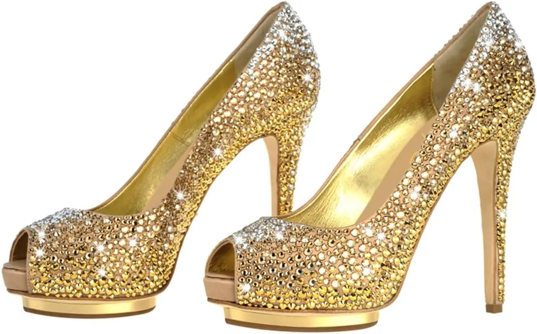 XYD Women Plated Platform High Heels Pumps Peep Toe Fancy Crystals Rhinestones Stilettos Gorgeous Evening Shoes