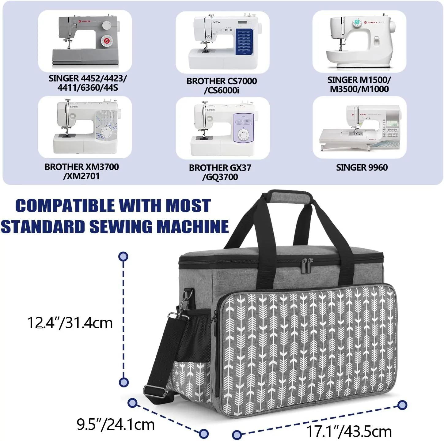 Yarwo Sewing Machine Carrying Case with Thicken Bottom Board, Universal Sewing Machine Tote Compatible with Most Standard Sewing Machine and Accessories,Gray with Arrow