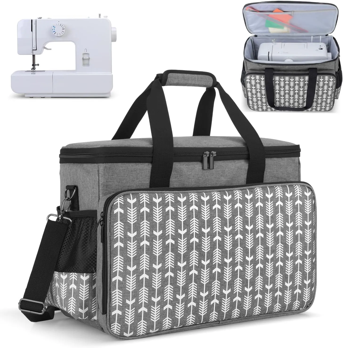 Yarwo Sewing Machine Carrying Case with Thicken Bottom Board, Universal Sewing Machine Tote Compatible with Most Standard Sewing Machine and Accessories,Gray with Arrow