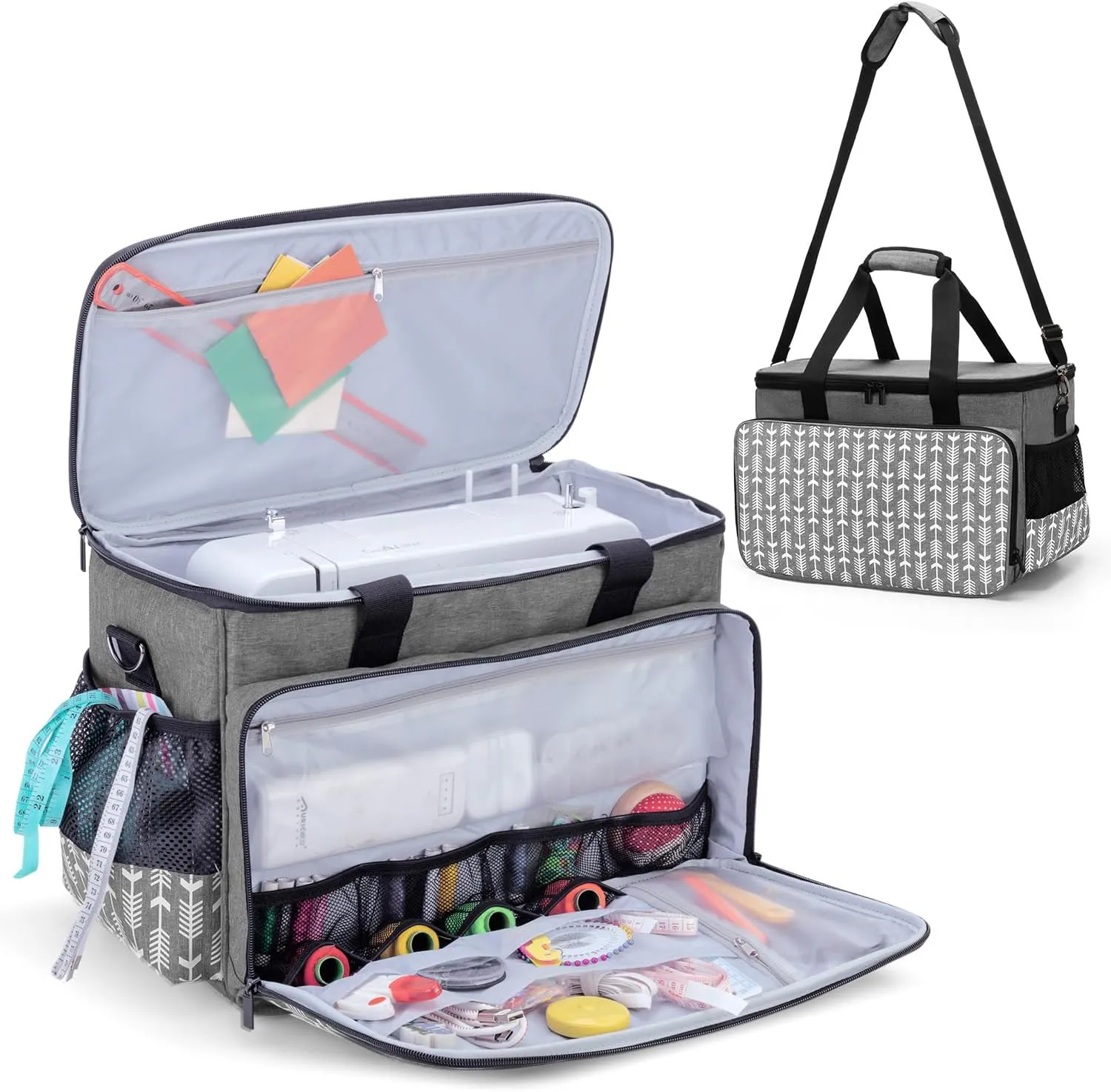 Yarwo Sewing Machine Carrying Case with Thicken Bottom Board, Universal Sewing Machine Tote Compatible with Most Standard Sewing Machine and Accessories,Gray with Arrow