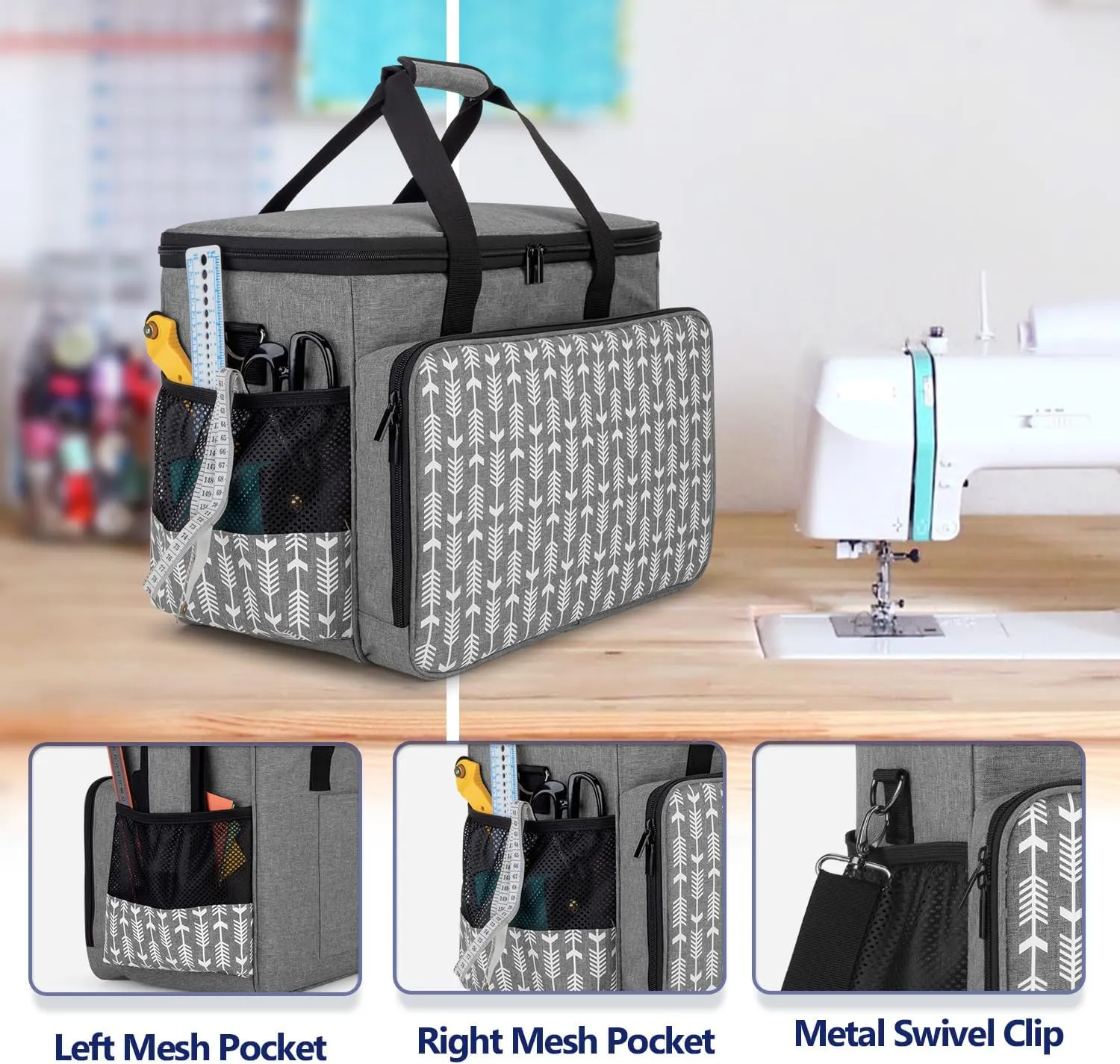 Yarwo Sewing Machine Carrying Case with Thicken Bottom Board, Universal Sewing Machine Tote Compatible with Most Standard Sewing Machine and Accessories,Gray with Arrow