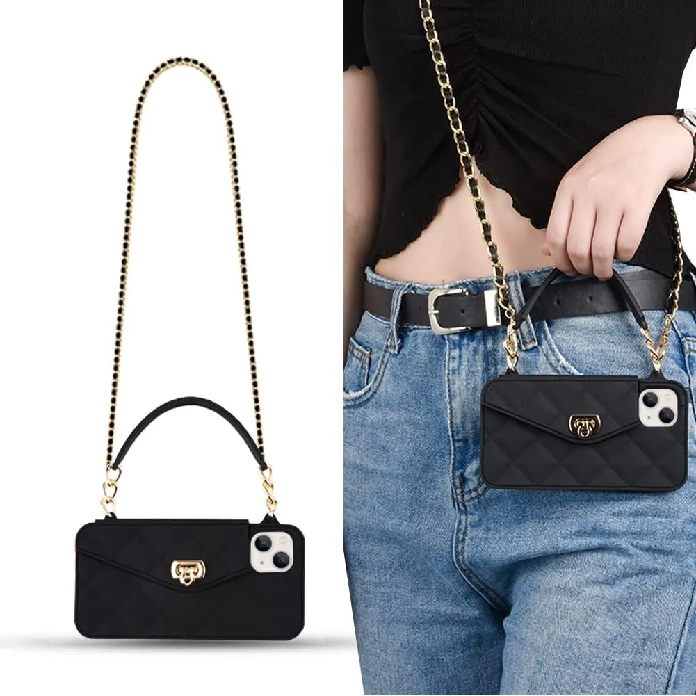 Yatchen Wallet Case for iPhone 13 Pro,Crossbody Phone Case with Lanyard Strap Cute Flip Credit Card Holder Soft Silicone Girls Lady Handbag Case for iPhone 13 Pro Black